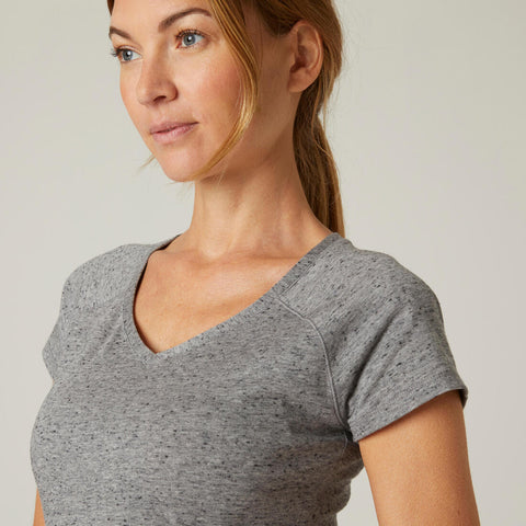 





T-shirt fitness manches courtes slim coton extensible col en V femme